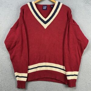 VINTAGE Gap Sweater V-Neck Men Large Red White Knit 100% Cotton Pullover Outdoor